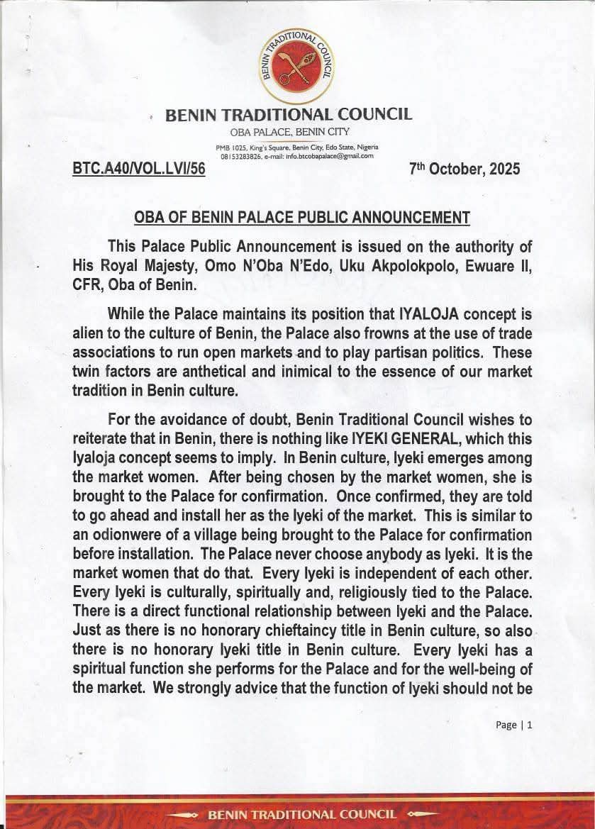 Benin Palace Questions Iyaloja Role in Edo Markets, Urges Extension of Concept to Other Regions