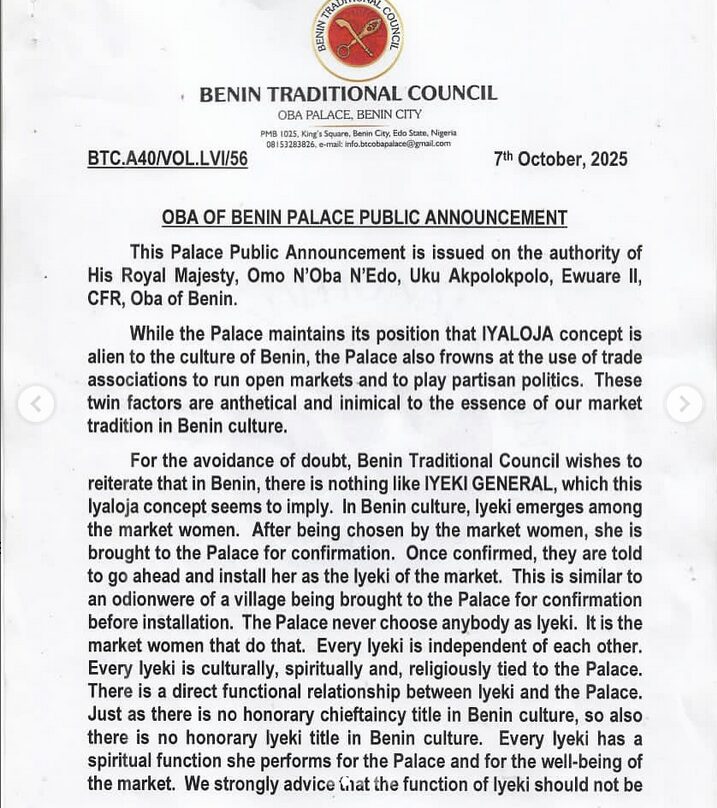 Oba of Benin Palace Reaffirms: ‘Iyaloja Title Is Foreign to Benin Culture; No Title Called Iyeki General’