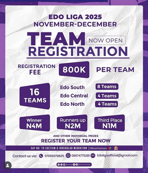 Edo Liga 2025: Team Registration Opens for Historic First-Ever Grassroots Football Tournament