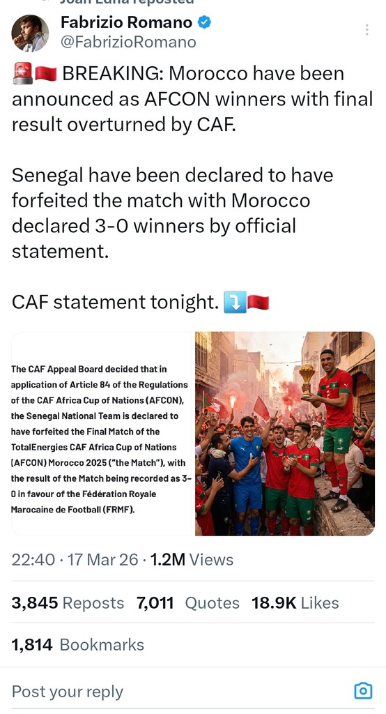 AFCON Final Result Overturned By CAF, Morrocco Announced As AFCON 2025 Winners!