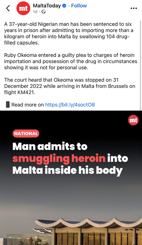 Another Nigerian Is Sentenced To 6 Years In Prison For Importing Heroin In Malta