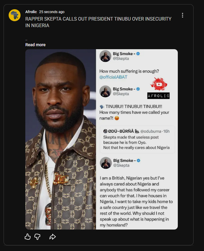 Rapper Skepta Calls Out President Tinubu Over Insecurity In Nigeria